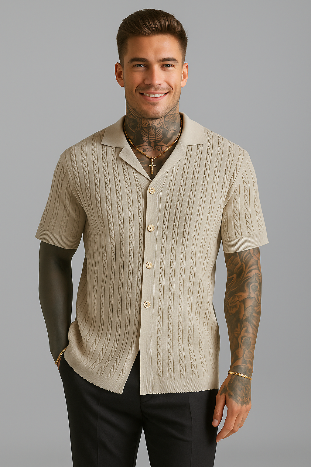 Men's Knitted Button Short-sleeved T-shirt