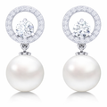 Silver Diamond Halo & Pearl Drop Earrings